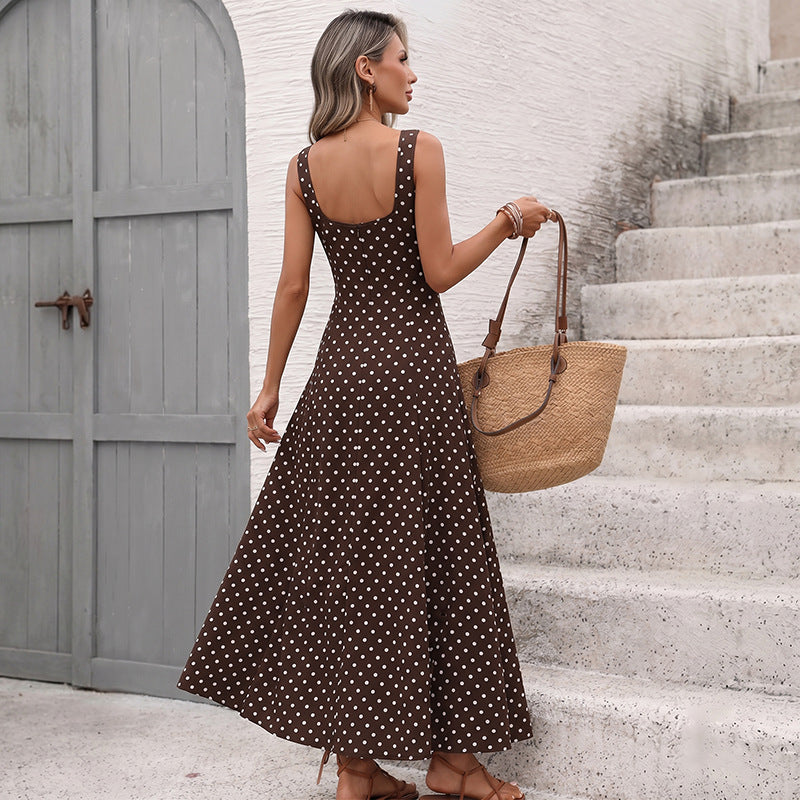 2026 Summer New Vintage Polka Dot Square Neck Waist Cinch Maxi Dress