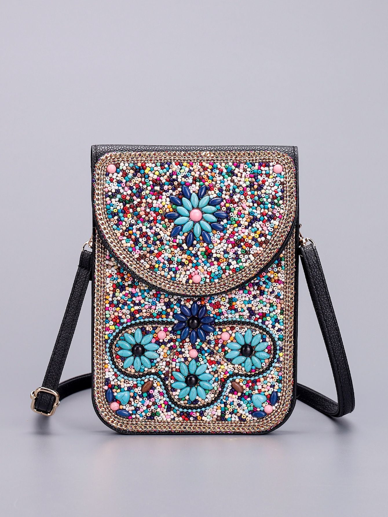 Women Ethnic Style Beaded Crossbody Bag, Handmade Turquoise Red Phone Bag