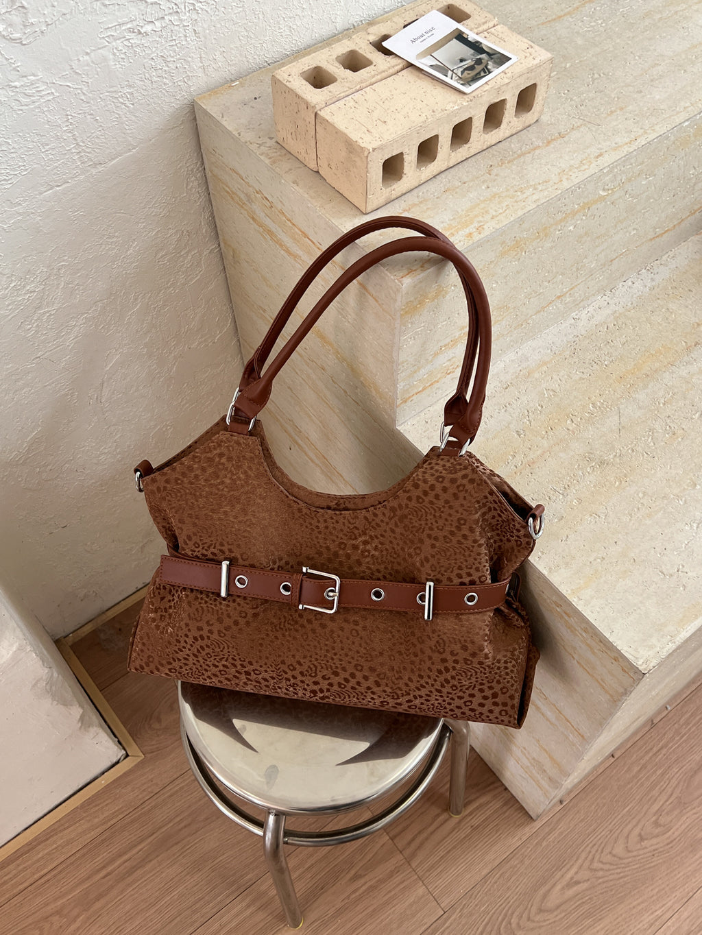 Leopard Print PU Leather Belted Shoulder Tote Bag with Detachable Strap