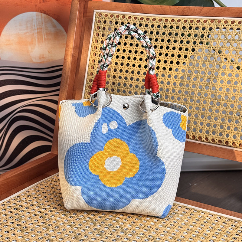Floral Print Braided Handle Knit Bucket Bag