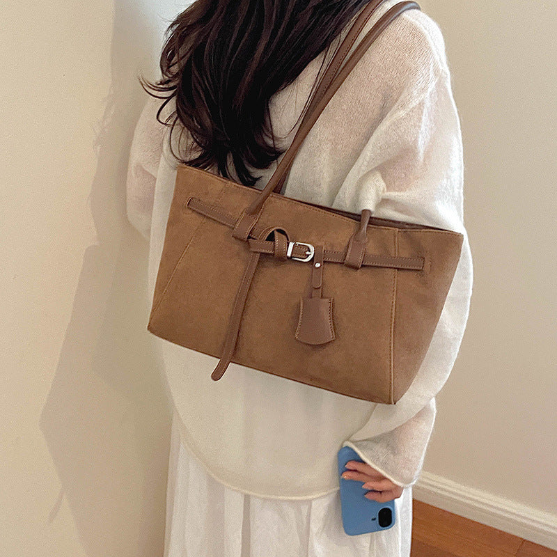 Premium Faux Suede Handbag with Belt Detail