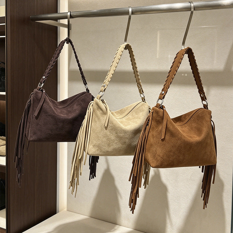 Vintage Faux Suede Fringe Hobo Shoulder Bag with Braided Strap