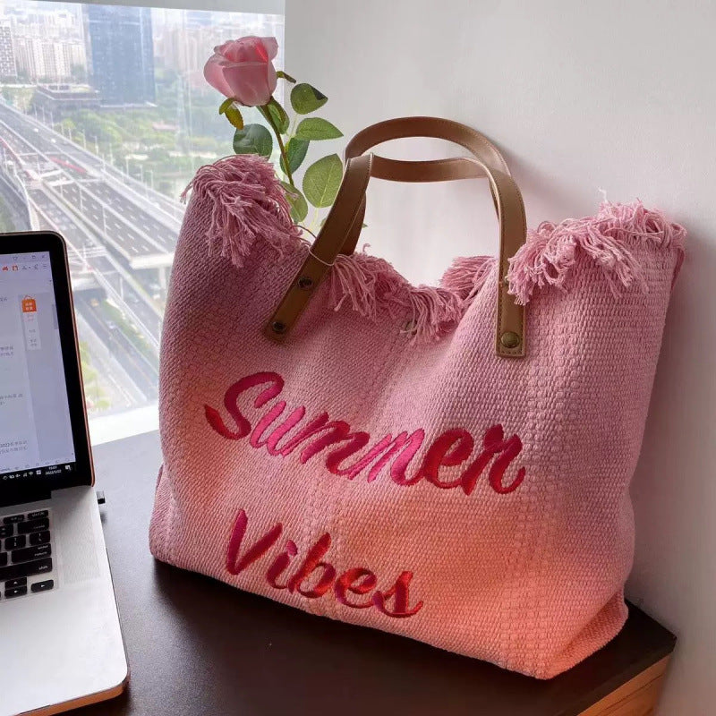 Women Large Canvas Embroidered Letter Tote Handheld Woven Beach Bag
