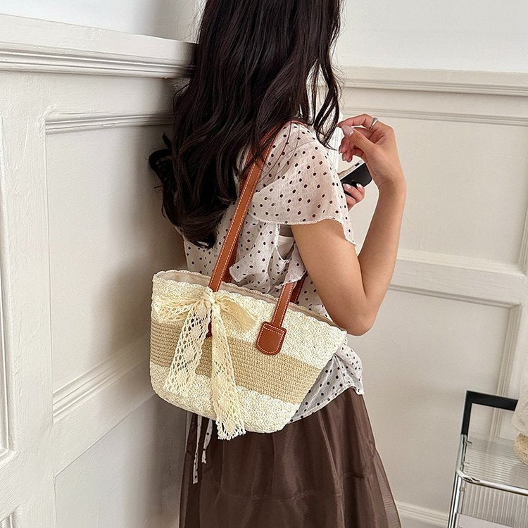 Artistic Vacation Fashion Shoulder Beach 2026 New Color Block Underarm Woven Straw Bag