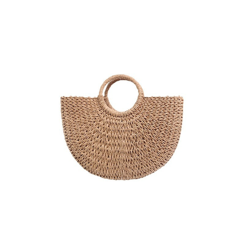 Women Spring Summer New Half Round Straw Paper Rope Handheld Vintage Beach Bag
