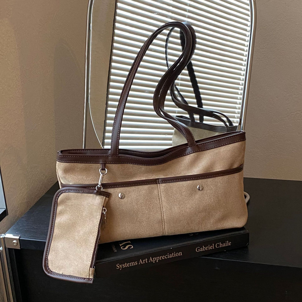 Soft Faux Suede Shoulder Tote Bag with Matching Pouch