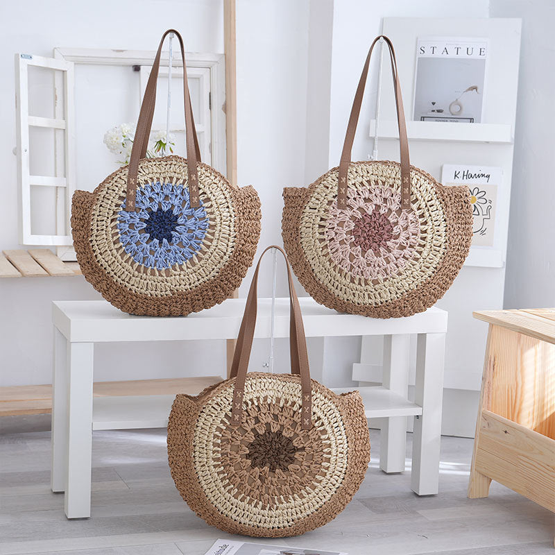 2026 Round Minimalist Paper-String Shoulder Beach Woven Bag, Woven Bag, Straw Bag, Paper Bag, Fashionable Women's Handbag, Tote Bag