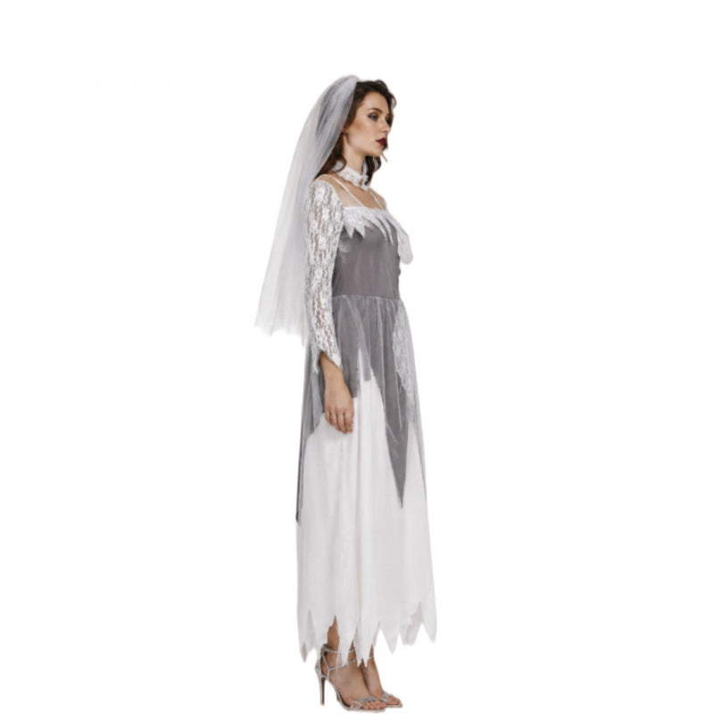 Halloween Ghost Bride Costume Dress with Lace Sleeves and Veil