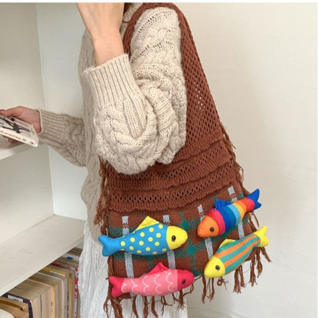 Cozy Crochet Fish Applique Fringe Tassels Shoulder Bag