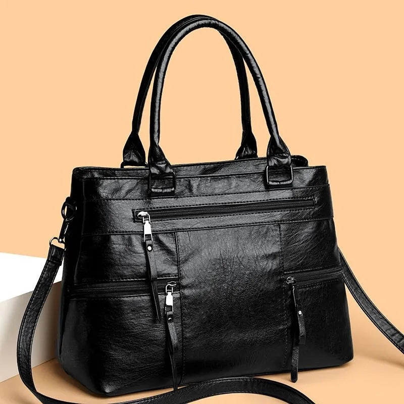 Large Vegan Leather Multi-Pocket Top Handle Satchel Bag