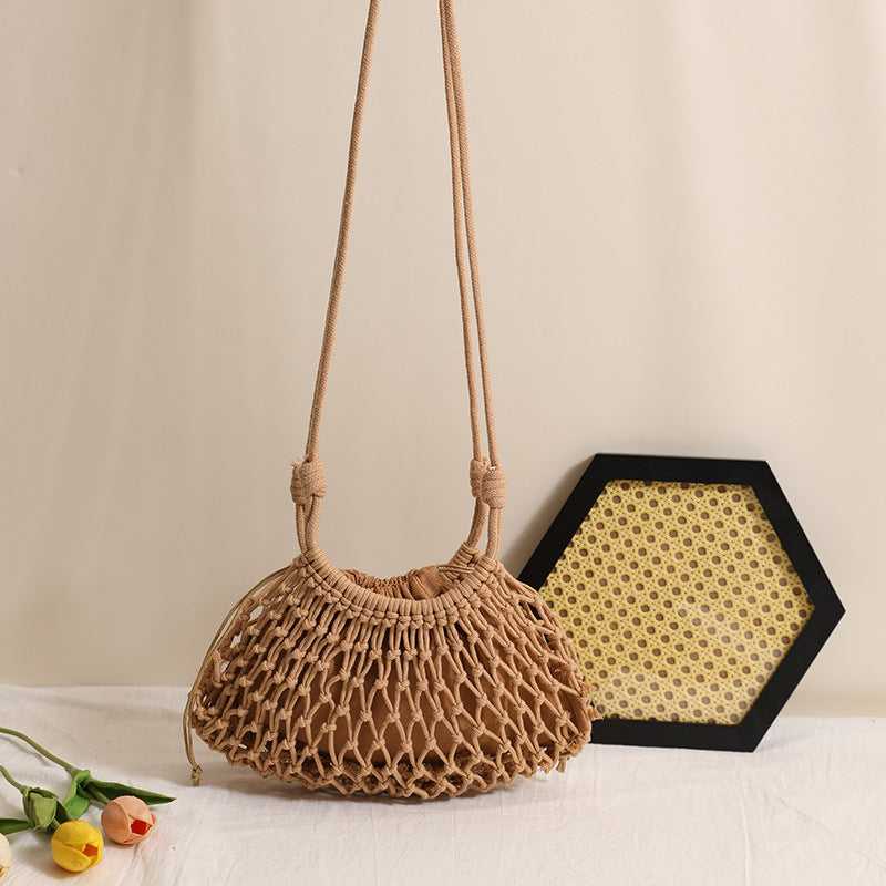 Solid Color Cotton Crossbody Hollow Mesh Straw Beach Bag