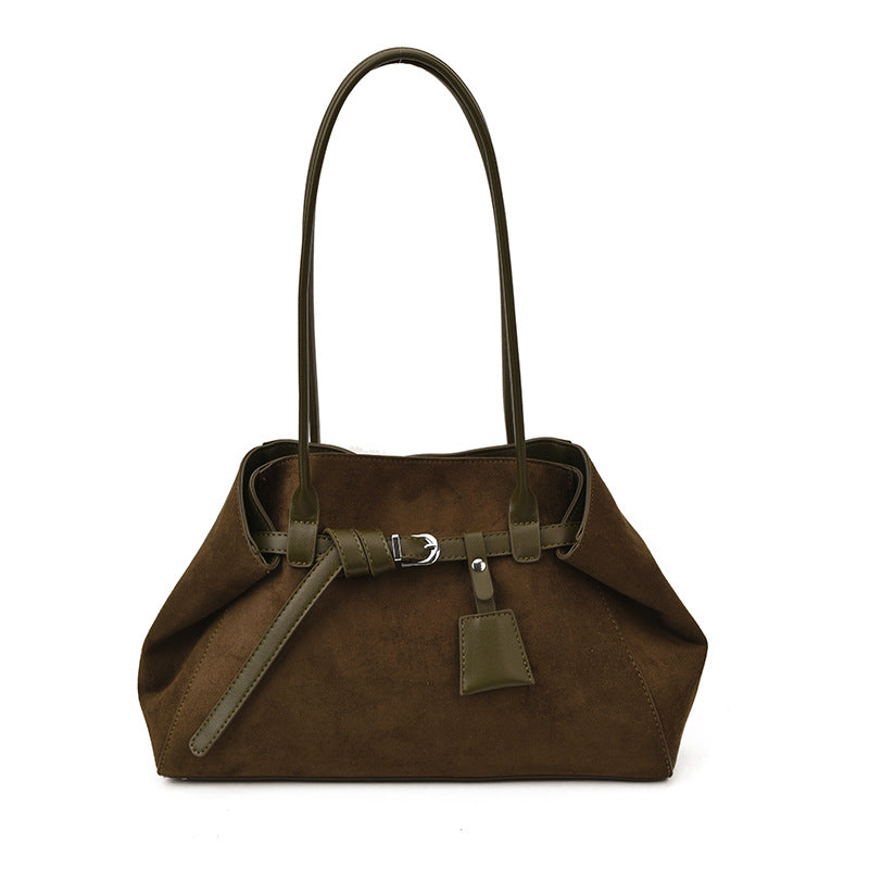 Belted Suede Structured Large Magnetic Snap Tote Bag
