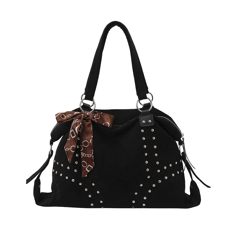 Vintage Faux Suede Studded Shoulder Tote Bag with Patterned Scarf Accent