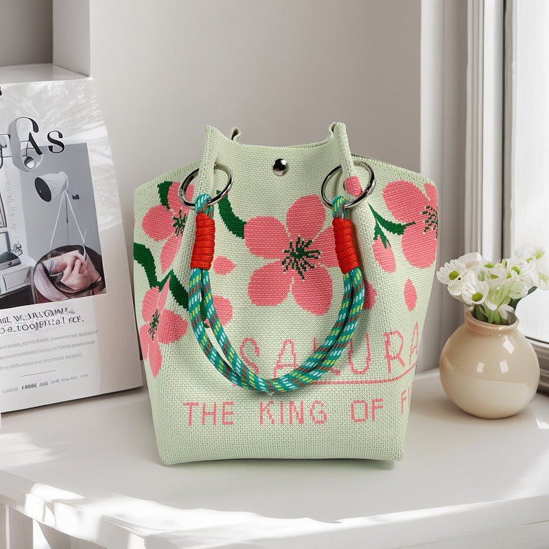 Graphic Jacquard Ring Handle Bucket Tote Bag