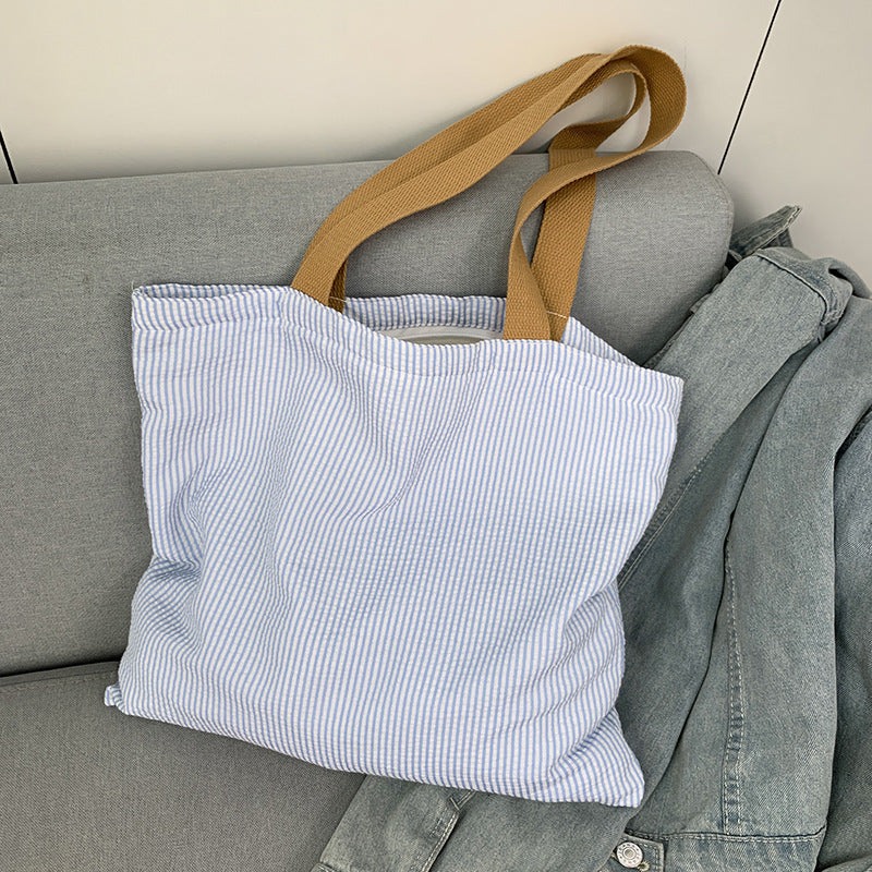 2026 Women Color Block Striped Canvas Tote Bag