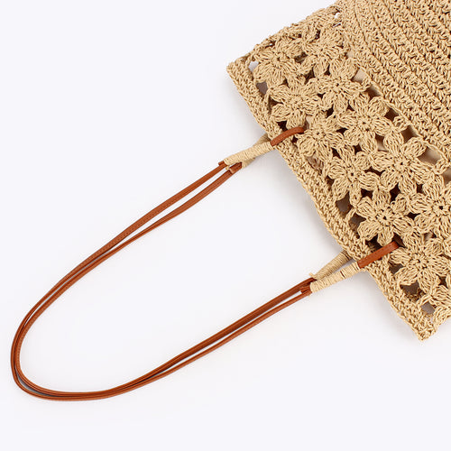 Crochet Paper Openwork Floral Shoulder Straw Tote Bag