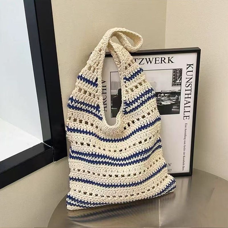Striped Shoulder Cotton Woven New Large Hollow Straw Beach Bag