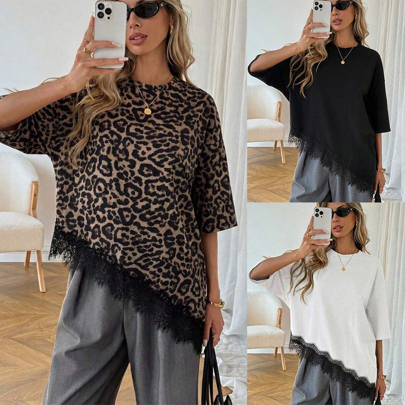 Women Leopard Print Stitching Lace Loose Short-Sleeve T-Shirt