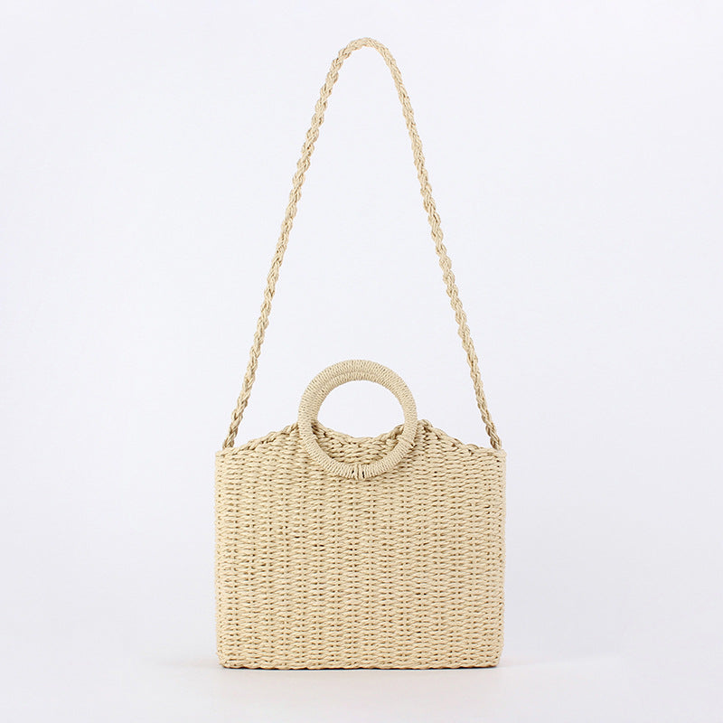 Women Solid Color Woven Beach Bag, Round Handle 2-in-1 Shoulder Handbag
