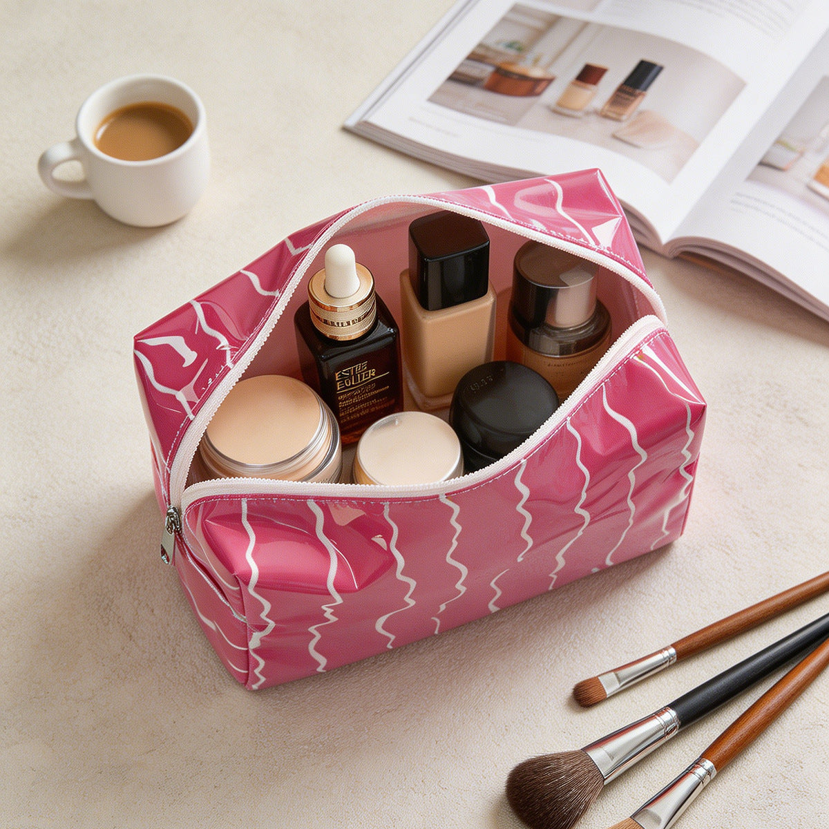 Glossy Waterproof PVC Wave Pattern Cosmetic Travel Bag