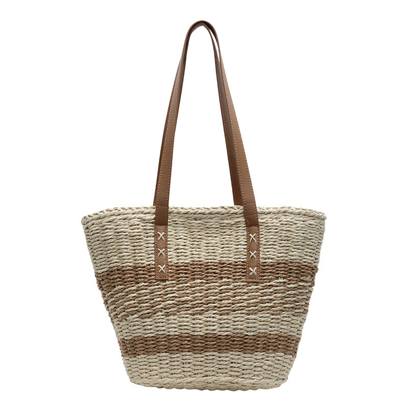 Casual Simple Striped Large Capacity Straw Woven Beach Shoulder Bag