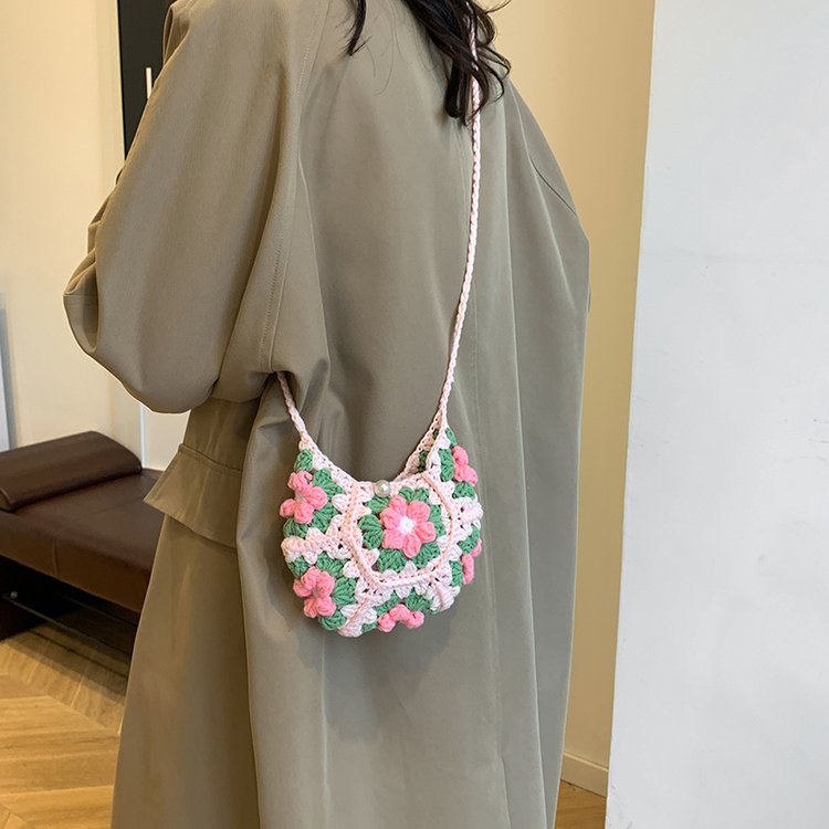 Women Hand Crocheted Granny Square Floral Shoulder Crossbody Bag