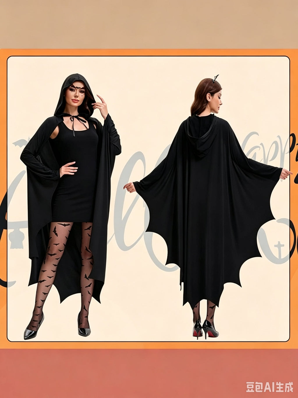 Black Gothic Halloween Hooded Bat Cape with Wing-Shaped Hem