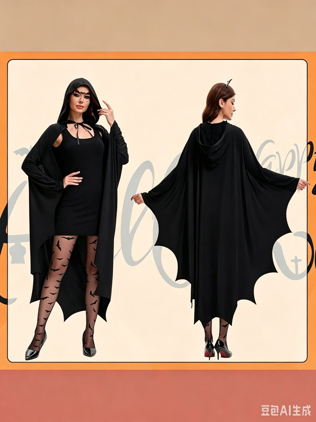 Black Gothic Halloween Hooded Bat Cape with Wing-Shaped Hem