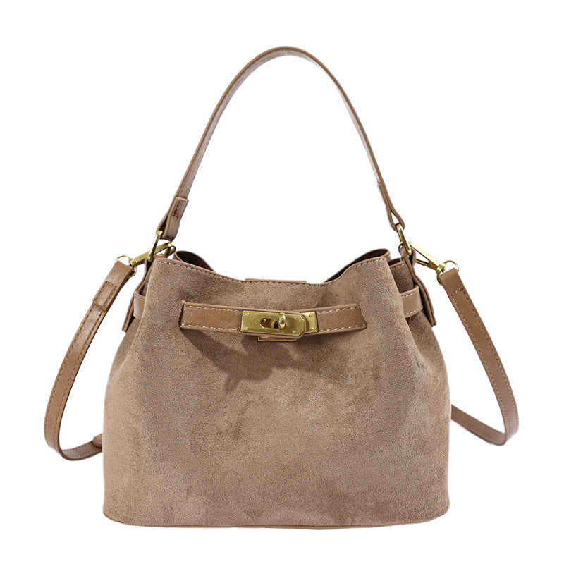 Suede Look Mini Bucket Bag with Metal Lock Detail and Adjustable Strap
