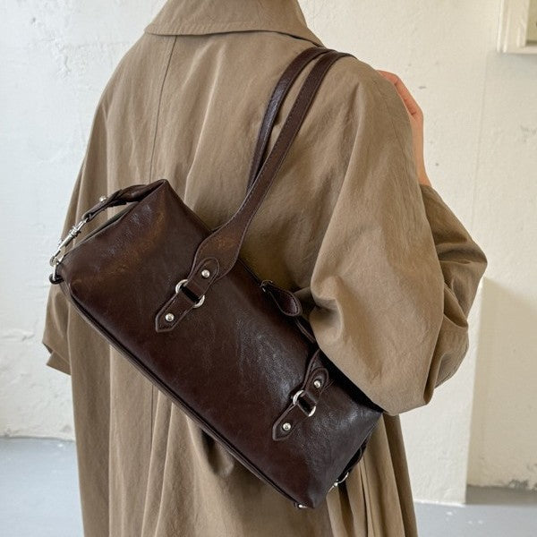 Vintage East-West Barrel Shoulder Bag with Buckle Details