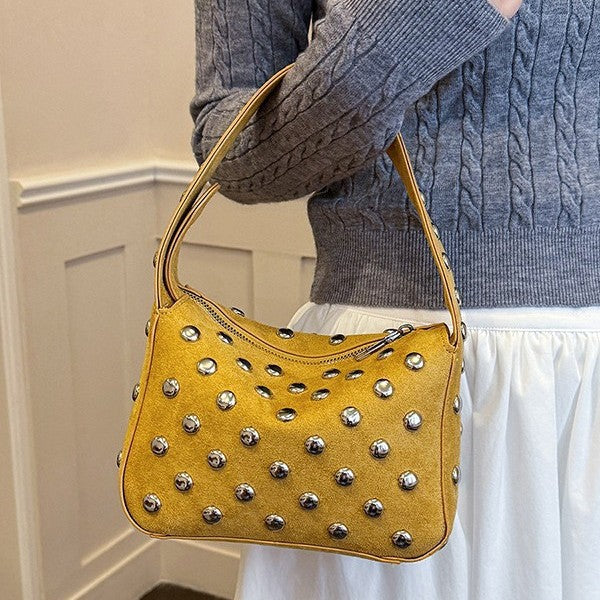 Suede Studded Shoulder Bag with Sleek Zipper Closure