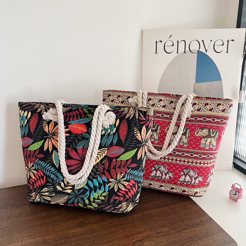 High-End Ethnic Canvas Hemp Rope Armpit Tote
