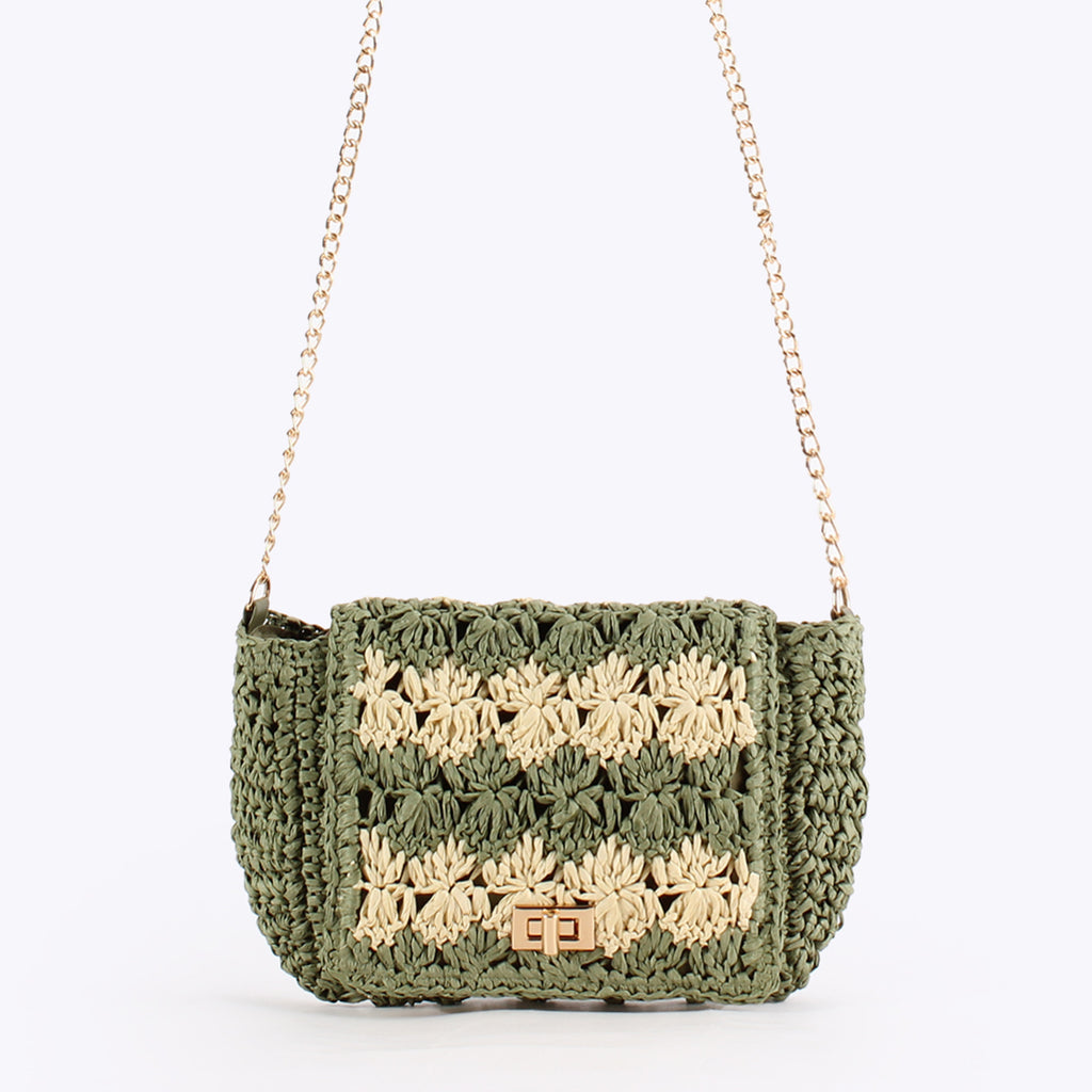 Handwoven Paper Straw Crochet Crossbody Bag with Chain Strap