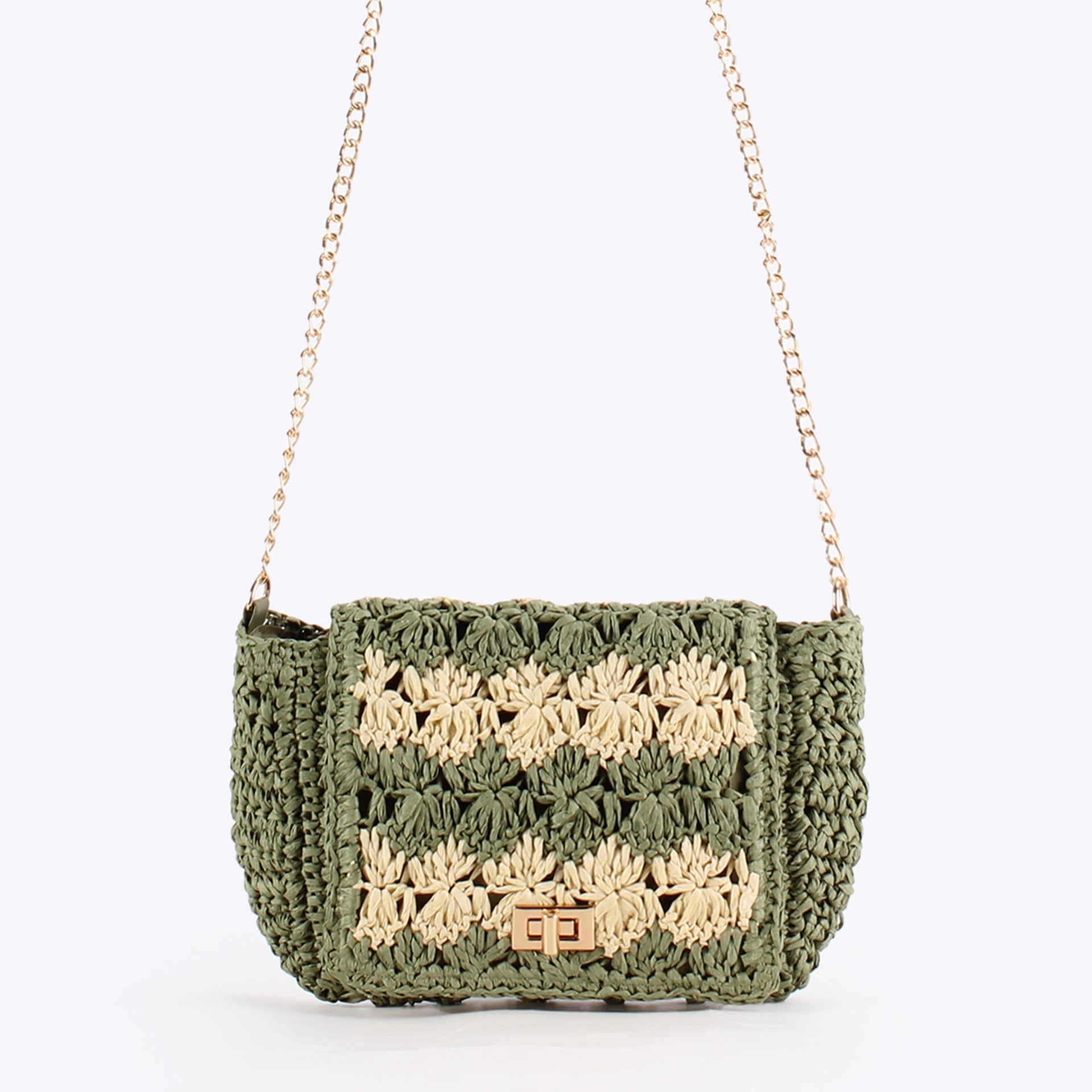 Handwoven Paper Straw Crochet Crossbody Bag with Chain Strap