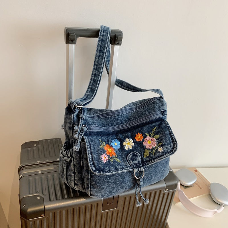 Floral Embroidered Denim Shoulder Bag with Adjustable Strap
