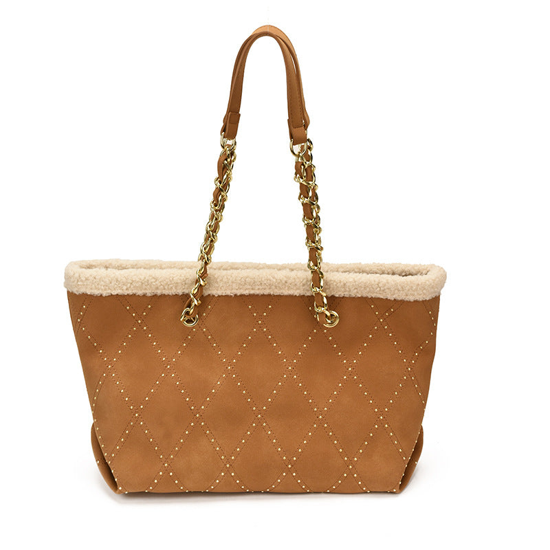 Sherpa Trim Quilted Shoulder Tote Bag