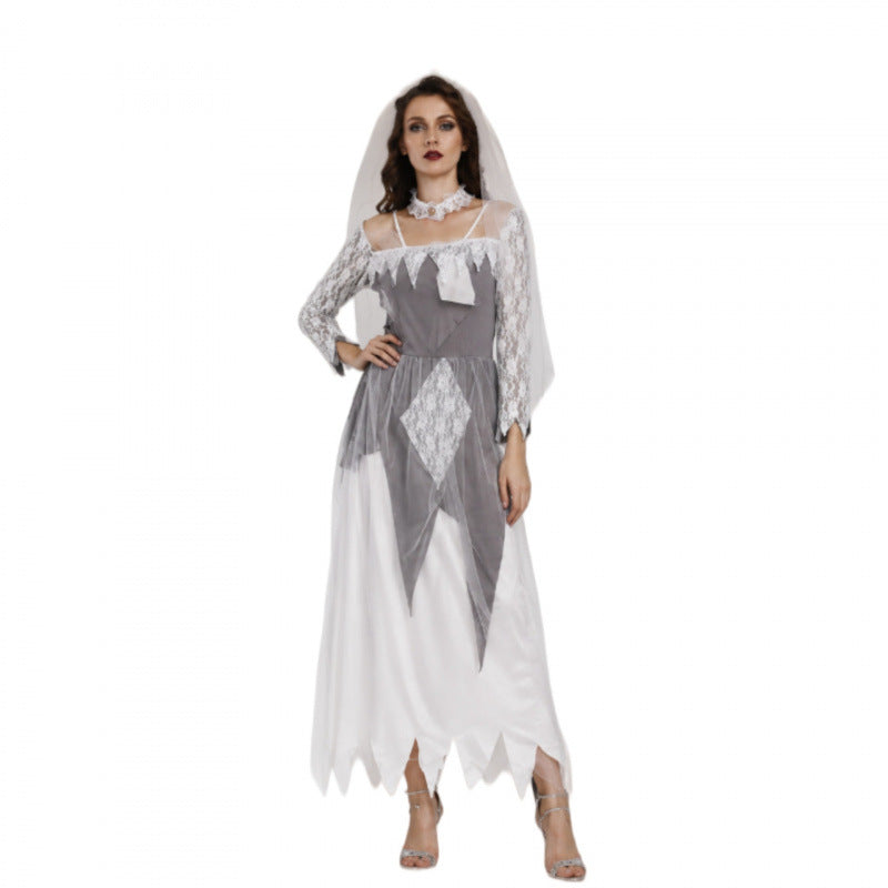 Halloween Ghost Bride Costume Dress with Lace Sleeves and Veil