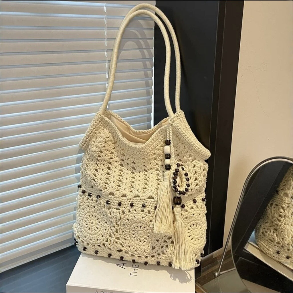 White Woven Hollow Tassel Detail Large Capacity Shoulder Tote Bag