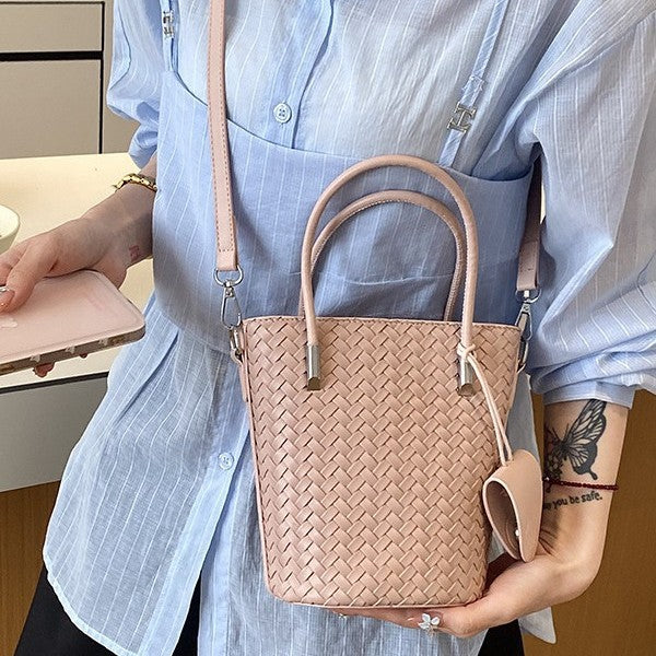 Woven Bucket Bag with Detachable Strap and Zipper