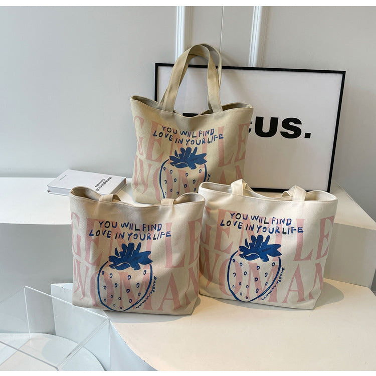 Women Strawberry Letter Canvas Shopping Shoulder Bag
