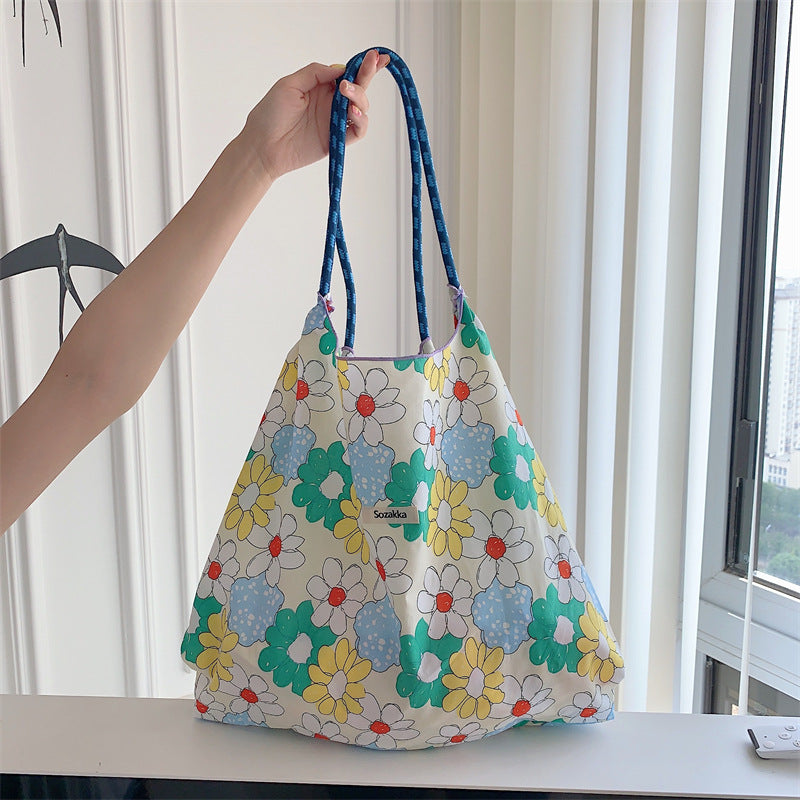 Korean Large Capacity Drawstring Floral Tote Bag