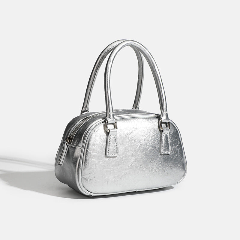 Metallic Mini Silver PU Leather Crossbody Boston Bag