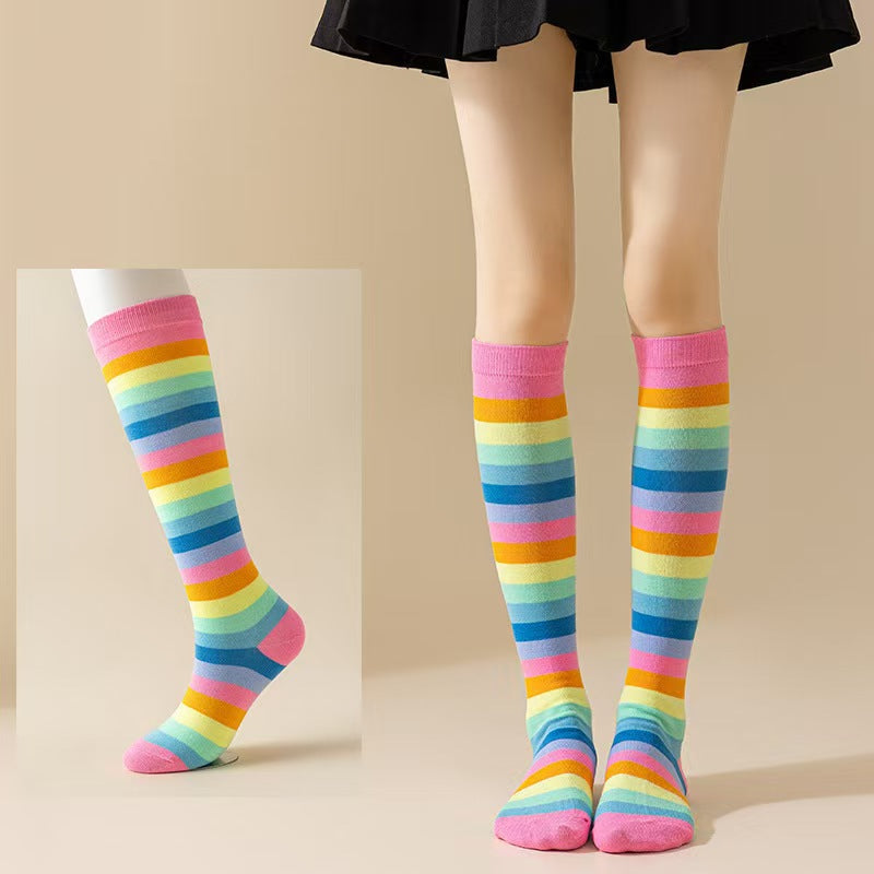 colorful striped cosplay holiday party mid calf rainbow calf socks