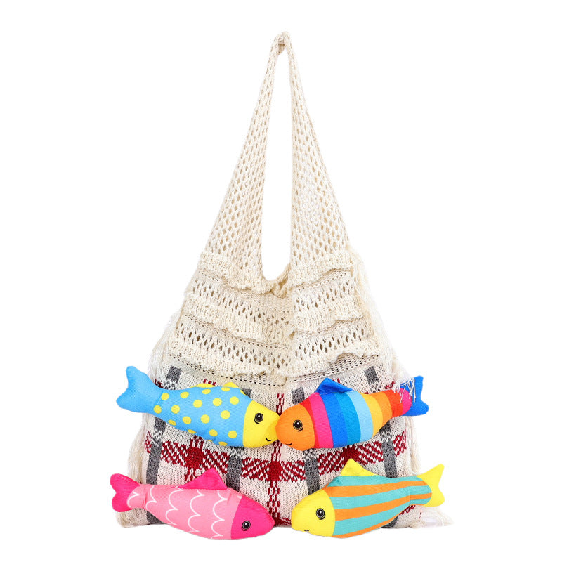 Cozy Crochet Fish Applique Fringe Tassels Shoulder Bag