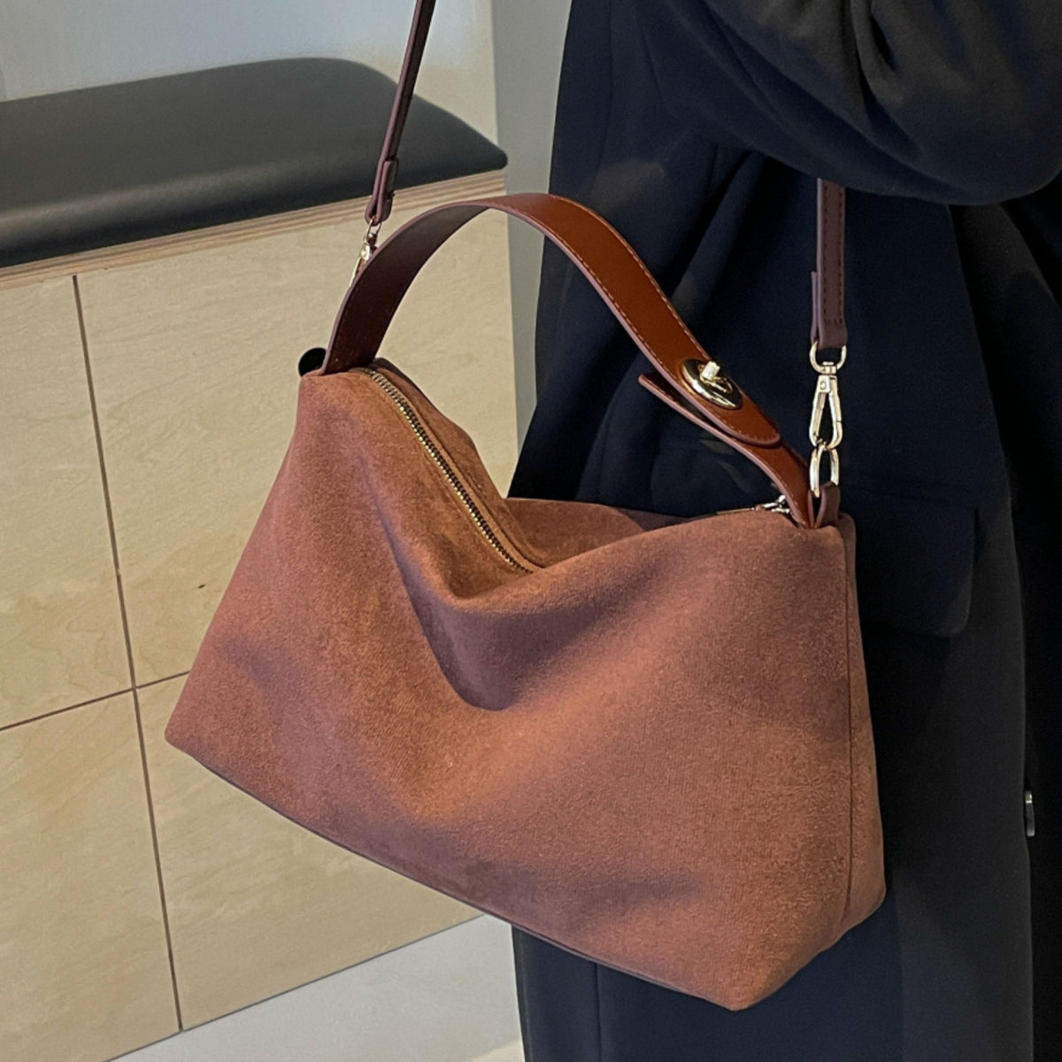 Retro Minimalist Suede Look Hobo Shoulder Bag