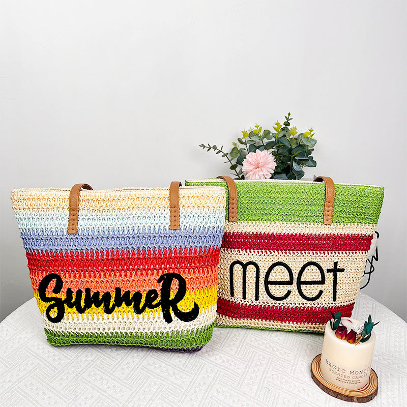 Woven Embroidered Large Capacity Straw Beach Tote Bag