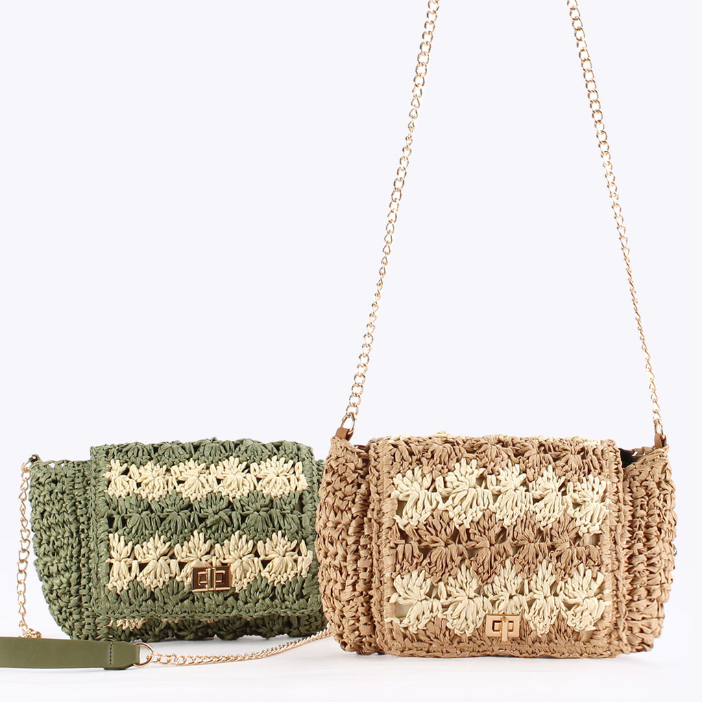 Handwoven Paper Straw Crochet Crossbody Bag with Chain Strap