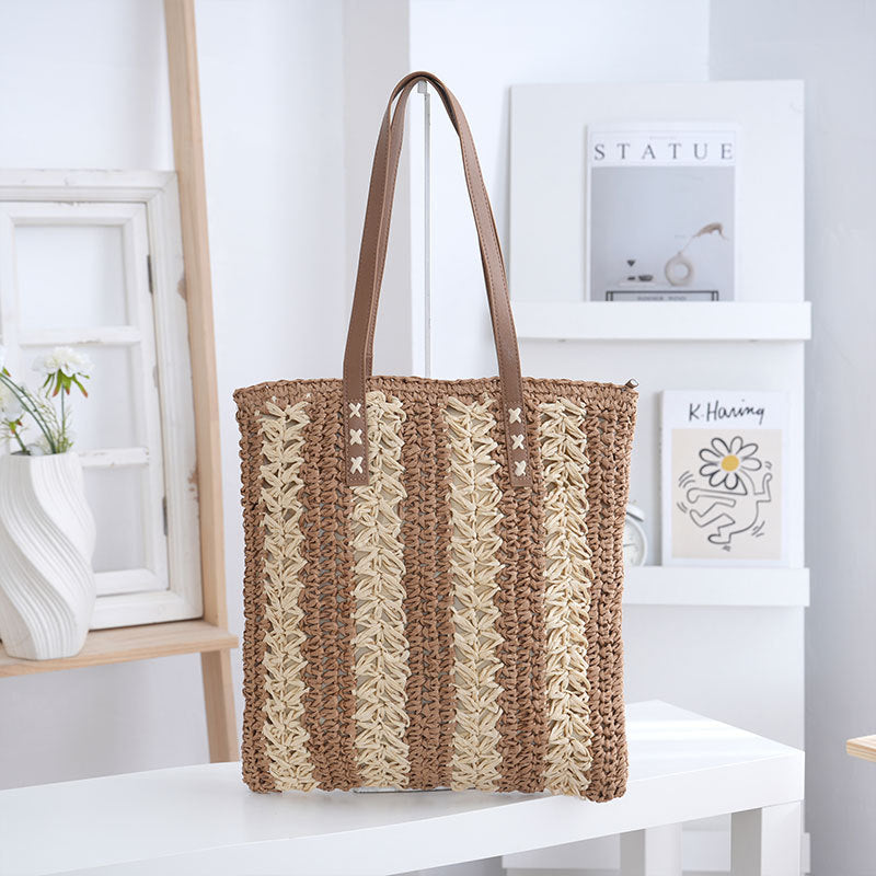 Casual Woven Striped Long Shoulder Handles Tote Bag