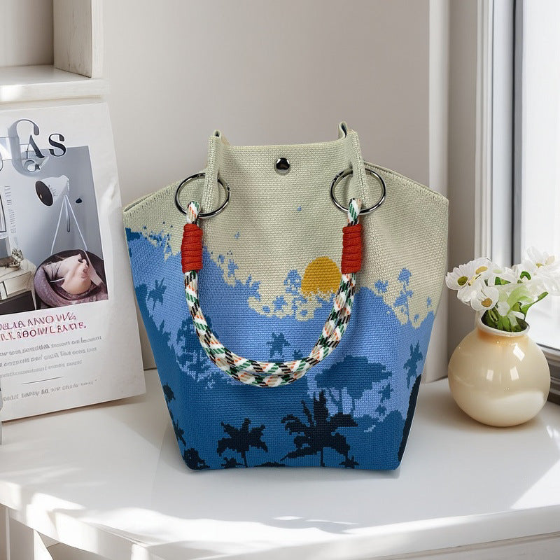 Graphic Jacquard Ring Handle Bucket Tote Bag