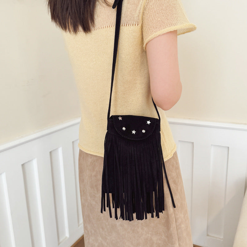 Suede Fringe Crossbody Bag with Star Studs